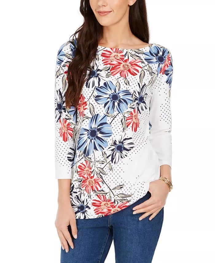 Charter Club Women's Polka Dot Floral Print Top White Size Small