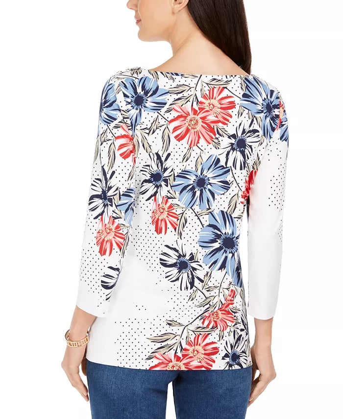 Charter Club Women's Polka Dot Floral Print Top White Size Small