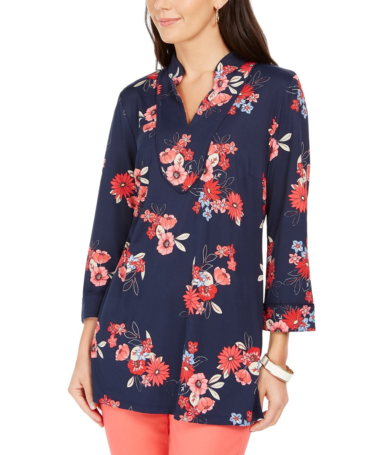 Charter Club Women's Floral Print Split-Neckline Tunic Intrpd Blue Cmb Size Extra Small