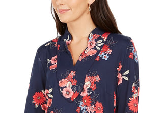 Charter Club Women's Floral Print Split-Neckline Tunic Intrpd Blue Cmb Size Extra Small