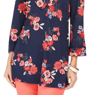 Charter Club Women's Floral Print Split-Neckline Tunic Intrpd Blue Cmb Size Extra Small