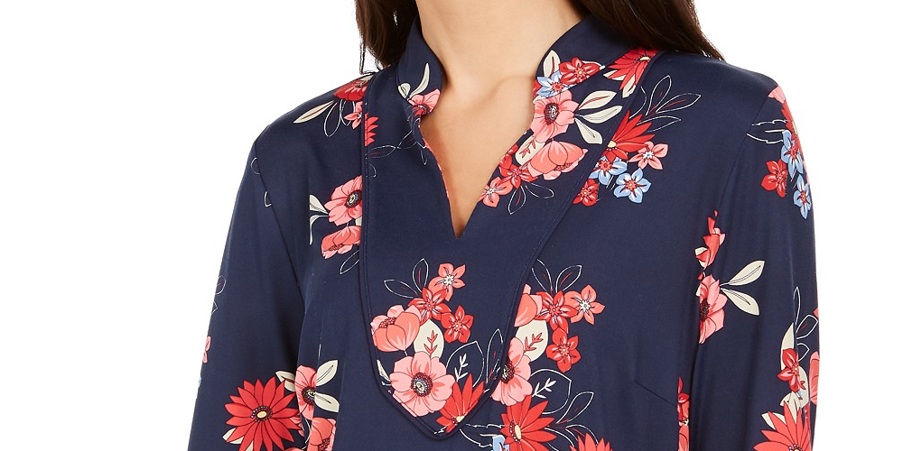 Charter Club Women's Floral Print Split-Neckline Tunic Blue Size Large