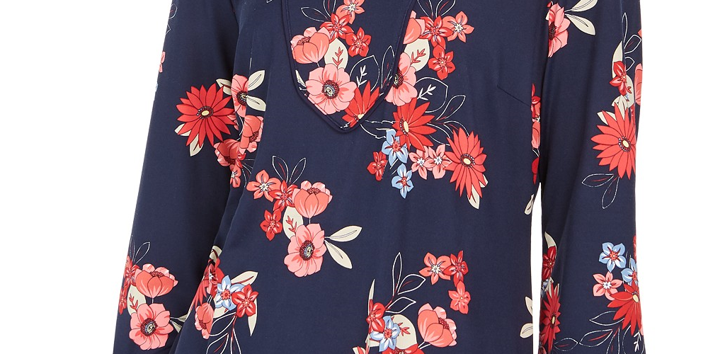 Charter Club Women's Floral Print Split-Neckline Tunic Blue Size Large