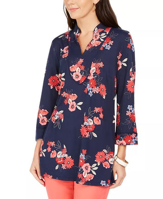Charter Club Women's Floral Print Split-Neckline Tunic Blue Size Medium
