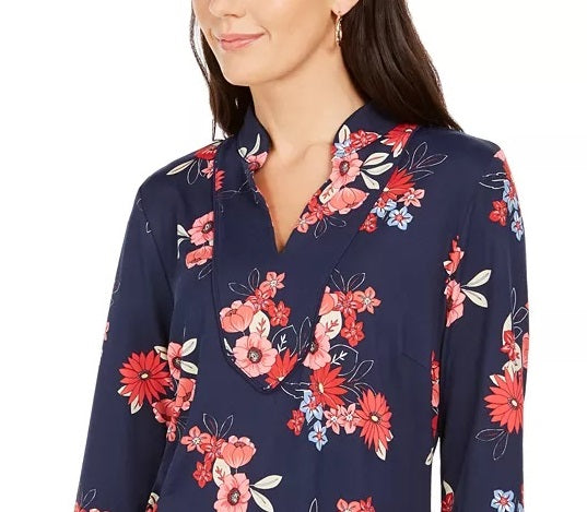 Charter Club Women's Floral Print Split-Neckline Tunic Blue Size Medium