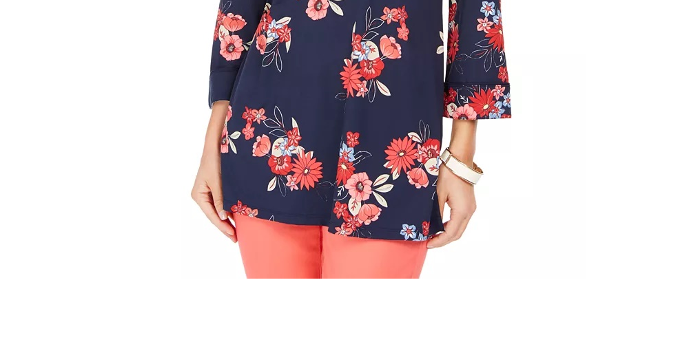 Charter Club Women's Floral Print Split-Neckline Tunic Blue Size Medium