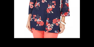 Charter Club Women's Floral Print Split-Neckline Tunic Blue Size Medium