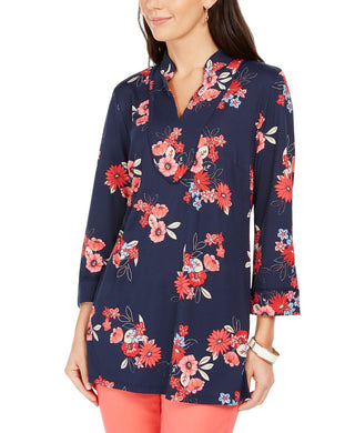 Charter Club Women's Floral Print Split-Neckline Tunic  Blue Size Small