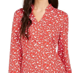 Charter Club Women's Floral Print Split-Neck Tunic Red Size Extra Large