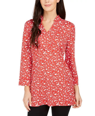 Charter Club Women's Floral Print Split-Neck Tunic Red Size Extra Large