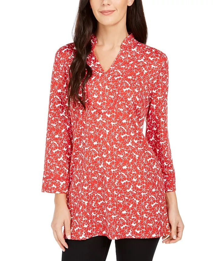 Charter Club Women's Floral Print Split-Neck Tunic  Medium Red Size Small