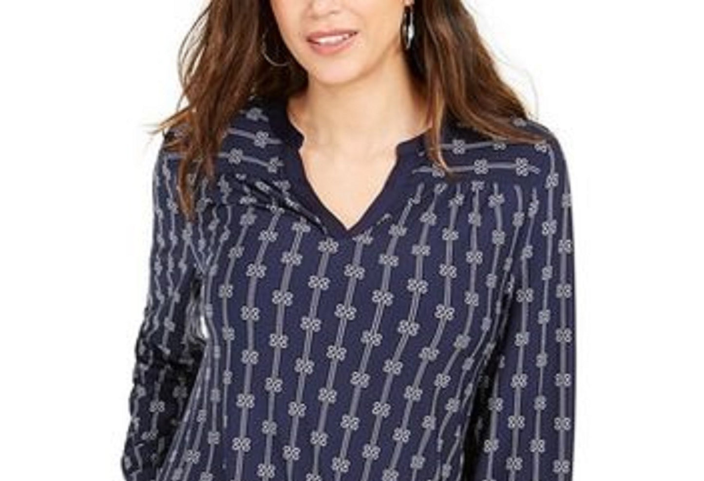 Charter Club Women's Printed Split-Neck Top Blue Size Small