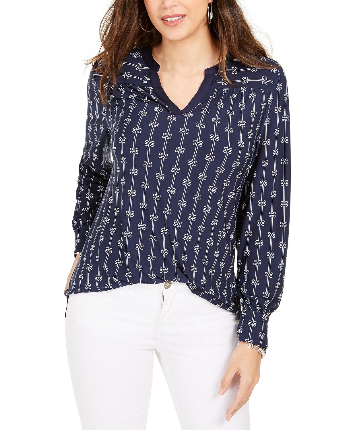 Charter Club Women's Petite Printed Split-Neck Top Blue Size Extra Large