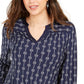 Charter Club Women's Petite Printed Split-Neck Top Blue Size Petite