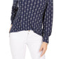 Charter Club Women's Petite Printed Split-Neck Top Blue Size Petite