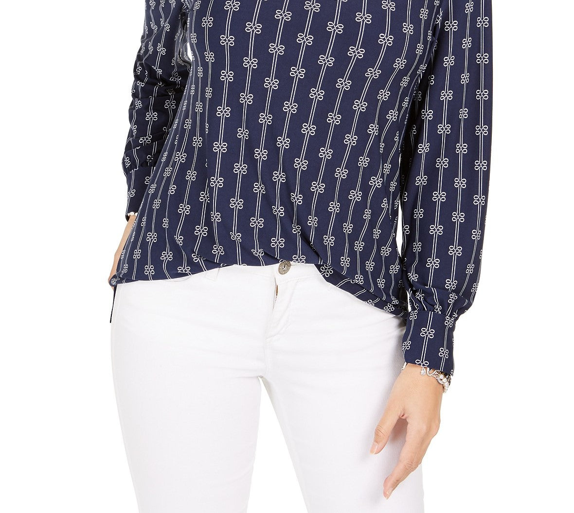 Charter Club Women's Petite Printed Split-Neck Top Blue Size Petite