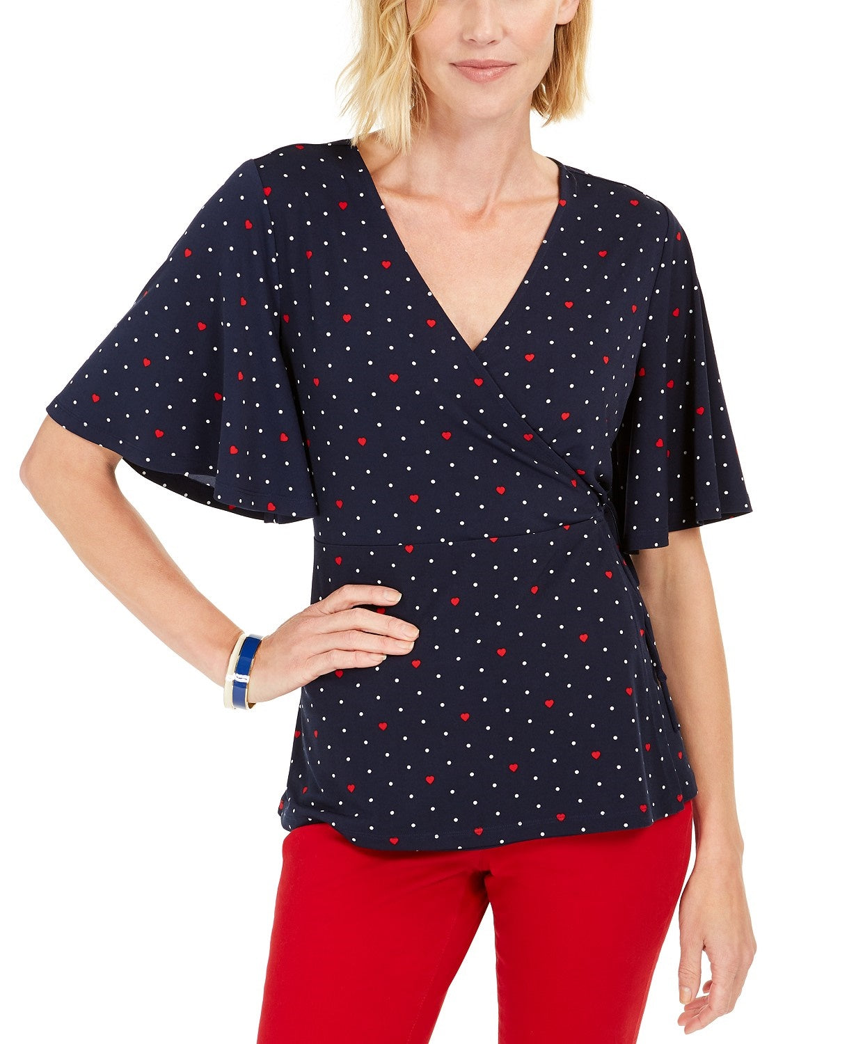 Charter Club Women's Printed Flutter-Sleeve Wrap Top  Blue Size Large
