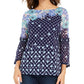 Charter Club Women's Printed Knit Mesh Top  Blue Size Extra Small