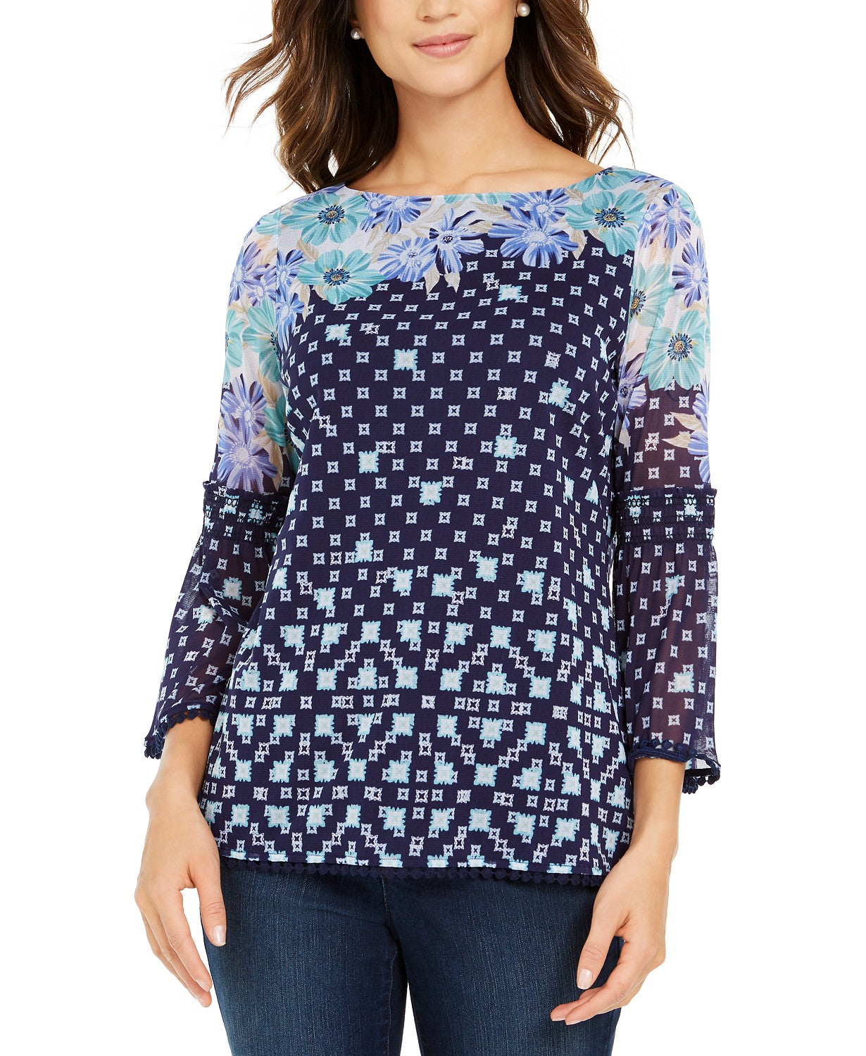 Charter Club Women's Printed Knit Mesh Top  Blue Size Extra Small