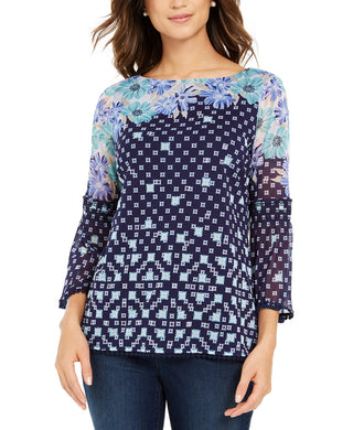 Charter Club Women's Printed Knit Mesh Top  Blue Size Extra Small