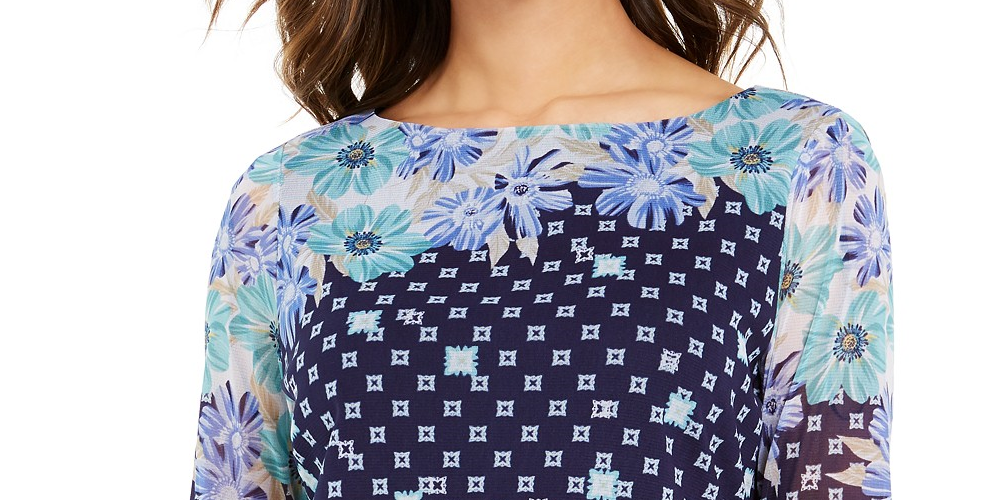 Charter Club Women's Printed Knit Mesh Top  Blue Size Extra Small