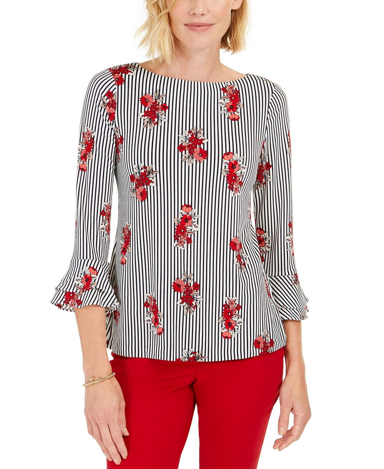 Charter Club Women's Printed Ruffled-Sleeve Top Gray Size XX-Large