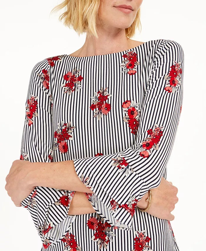 Charter Club Women's Printed Ruffled-Sleeve Top Gray Size XX-Large