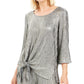 JM Collection Women's Metallic Crinkle Tie-Hem Top Gray Size Large