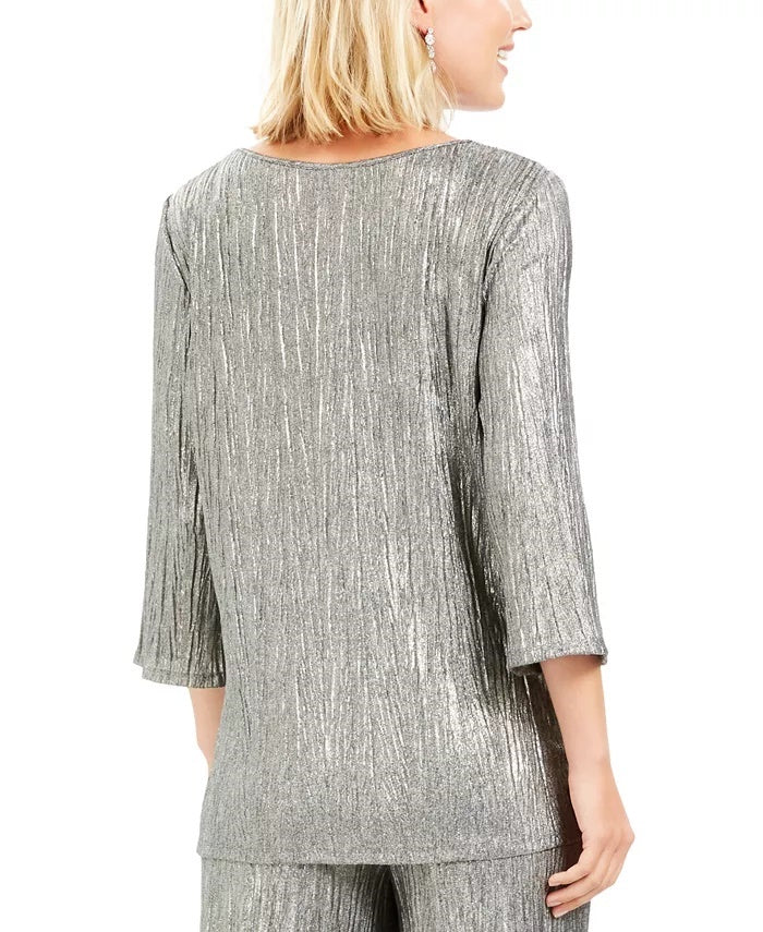 JM Collection Women's Metallic Crinkle Tie-Hem Top Gray Size Large