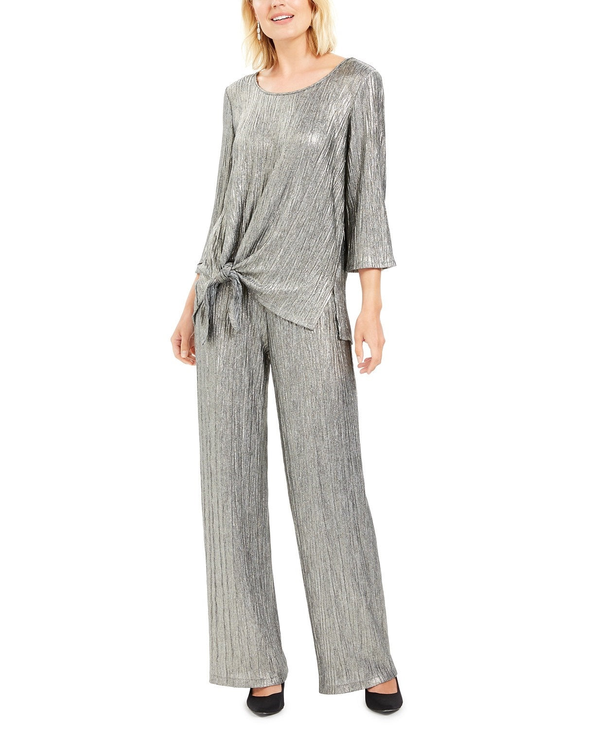 JM Collection Women's Metallic Crinkle Tie-Hem Top Gray Size Large