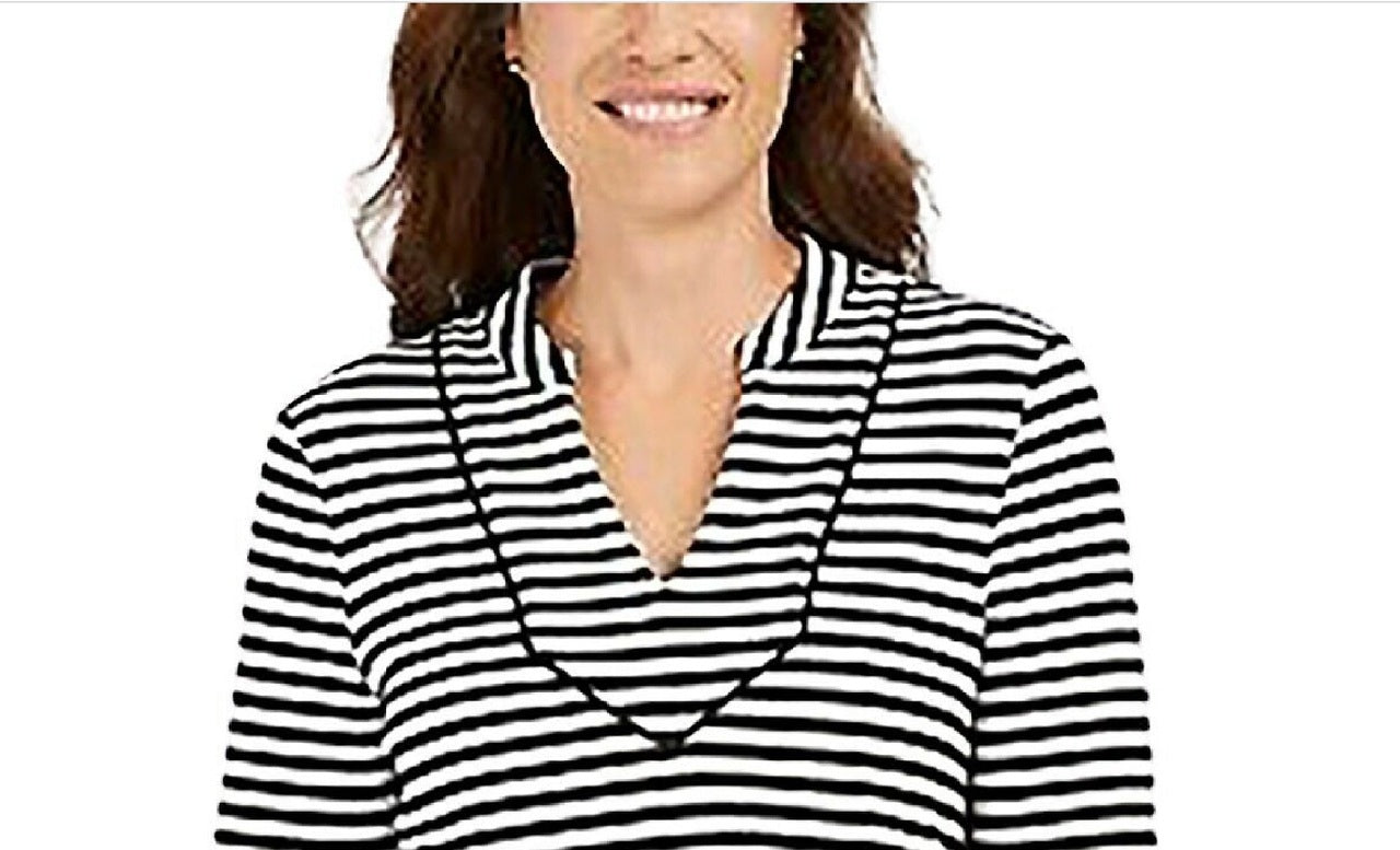 Charter Club Women's Striped 3/4-Sleeve Top Black Size Large