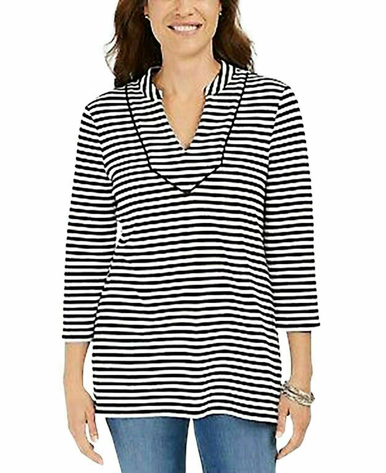 Charter Club Women's Striped 3/4-Sleeve Top Black Size Small