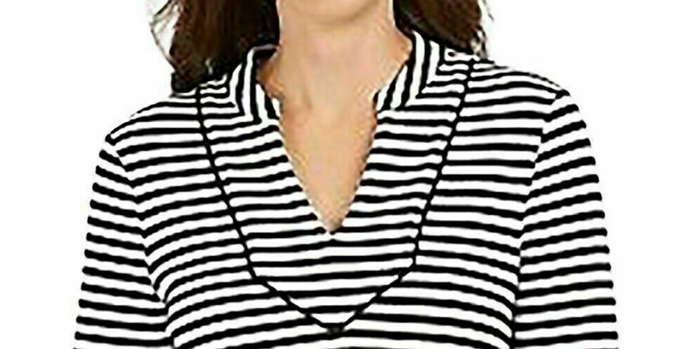 Charter Club Women's Striped 3/4-Sleeve Top Black Size Small