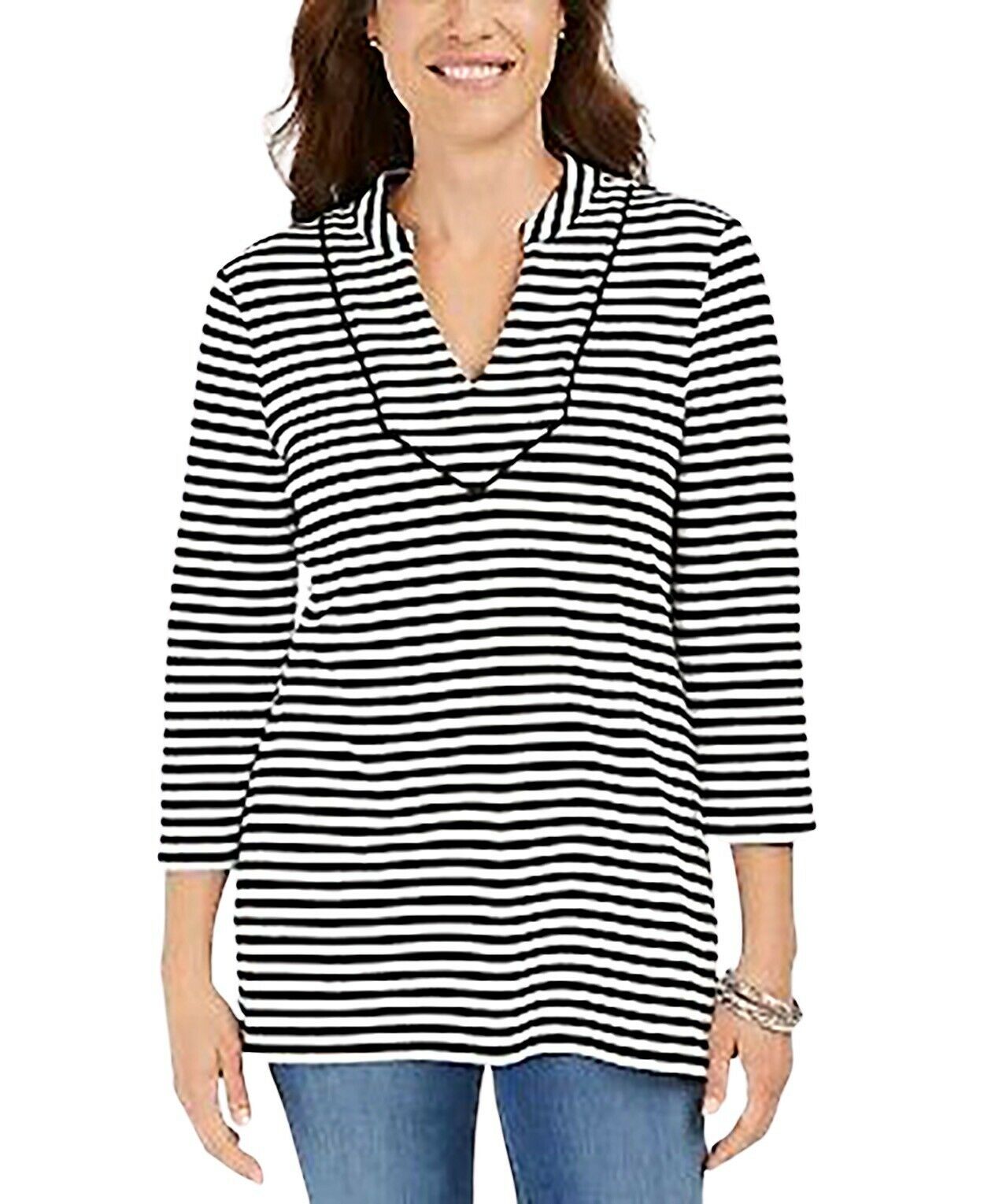 Charter Club Women's Striped 3/4-Sleeve Top Black Size X-Large