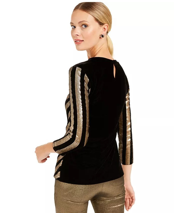 INC International Concepts Women's Velvet Sequined Chevron Top Black Size Medium