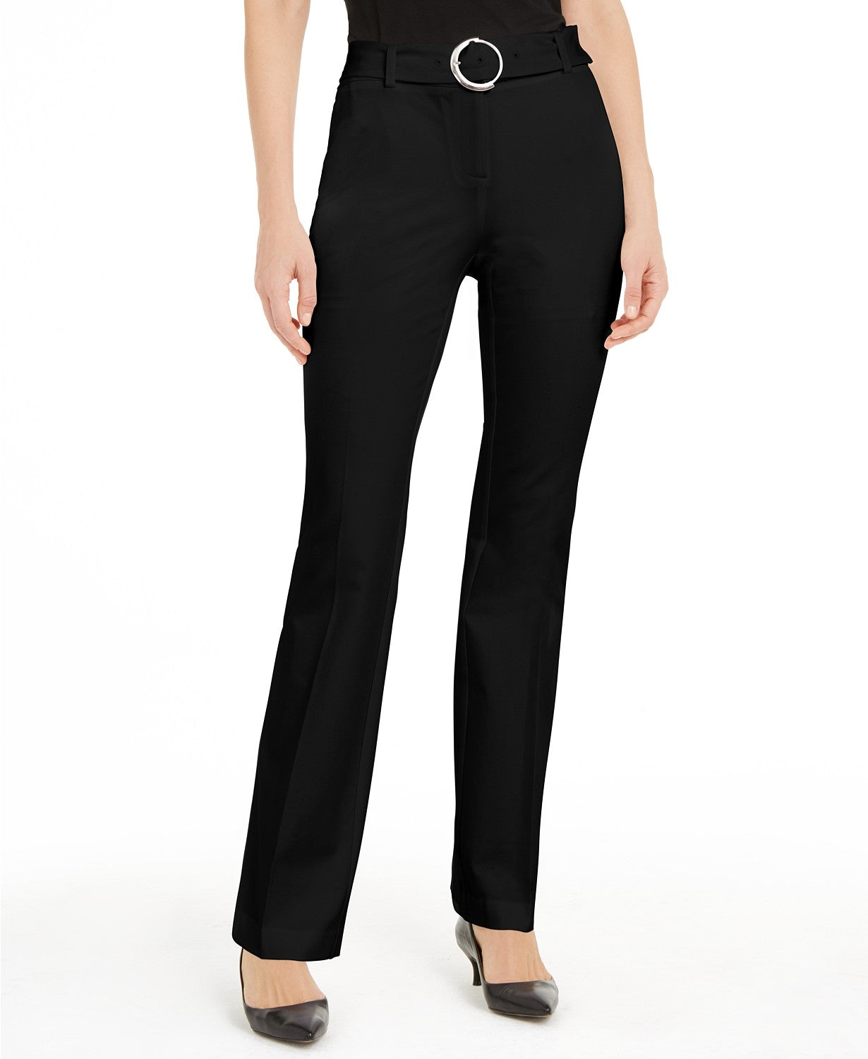 Alfani Women's Petite Belted Wide-Waistband Trouser Pants  Black Size 10