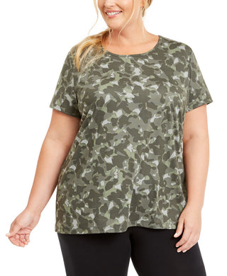 Ideology Women's Plus Size Printed Keyhole Top Green Size 2 Extra Large