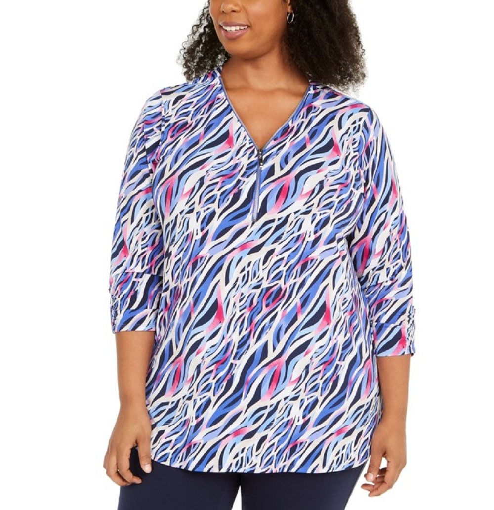 JM Collection Women's Zip Neck Printed Tunic Orange Size 0X