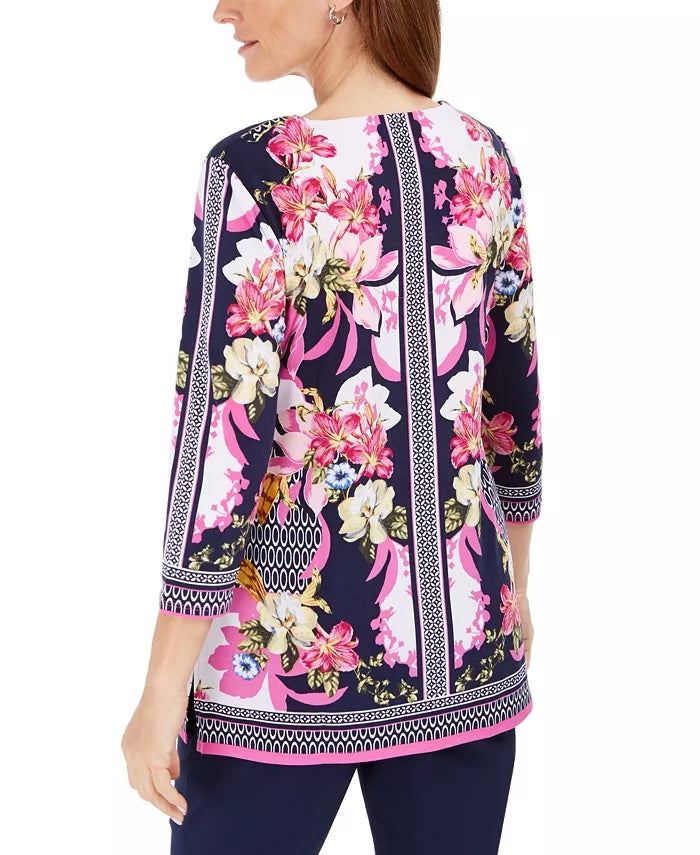 JM Collection Women's Embellished Keyhole Top Navy Size Extra Large