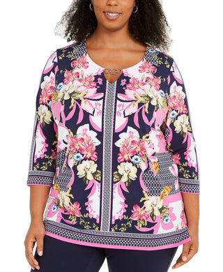JM Collection Women's Plus Size Printed Keyhole Tunic Purple Size 0 Extra Large