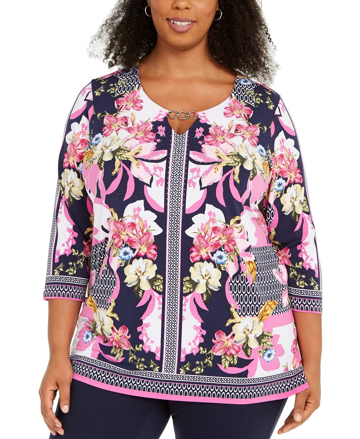 JM Collection Women's Plus Size Printed Keyhole Tunic Blue Size XXX-Large