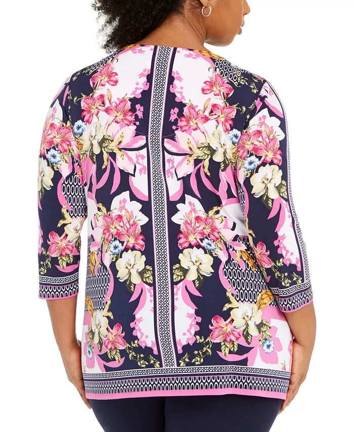 JM Collection Women's Plus Size Printed Keyhole Tunic Blue Size XXX-Large