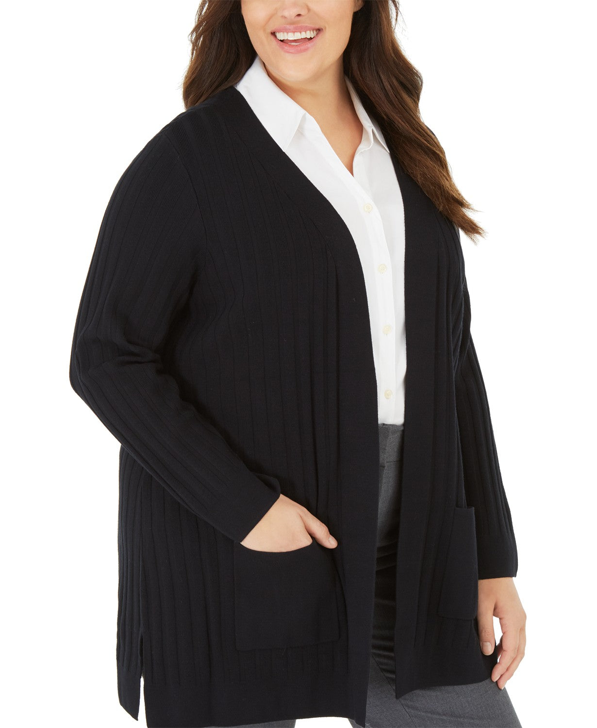 Alfani Women's Plus Size Wide-Ribbed Cardigan Sweater  Black Size 2 Extra Large