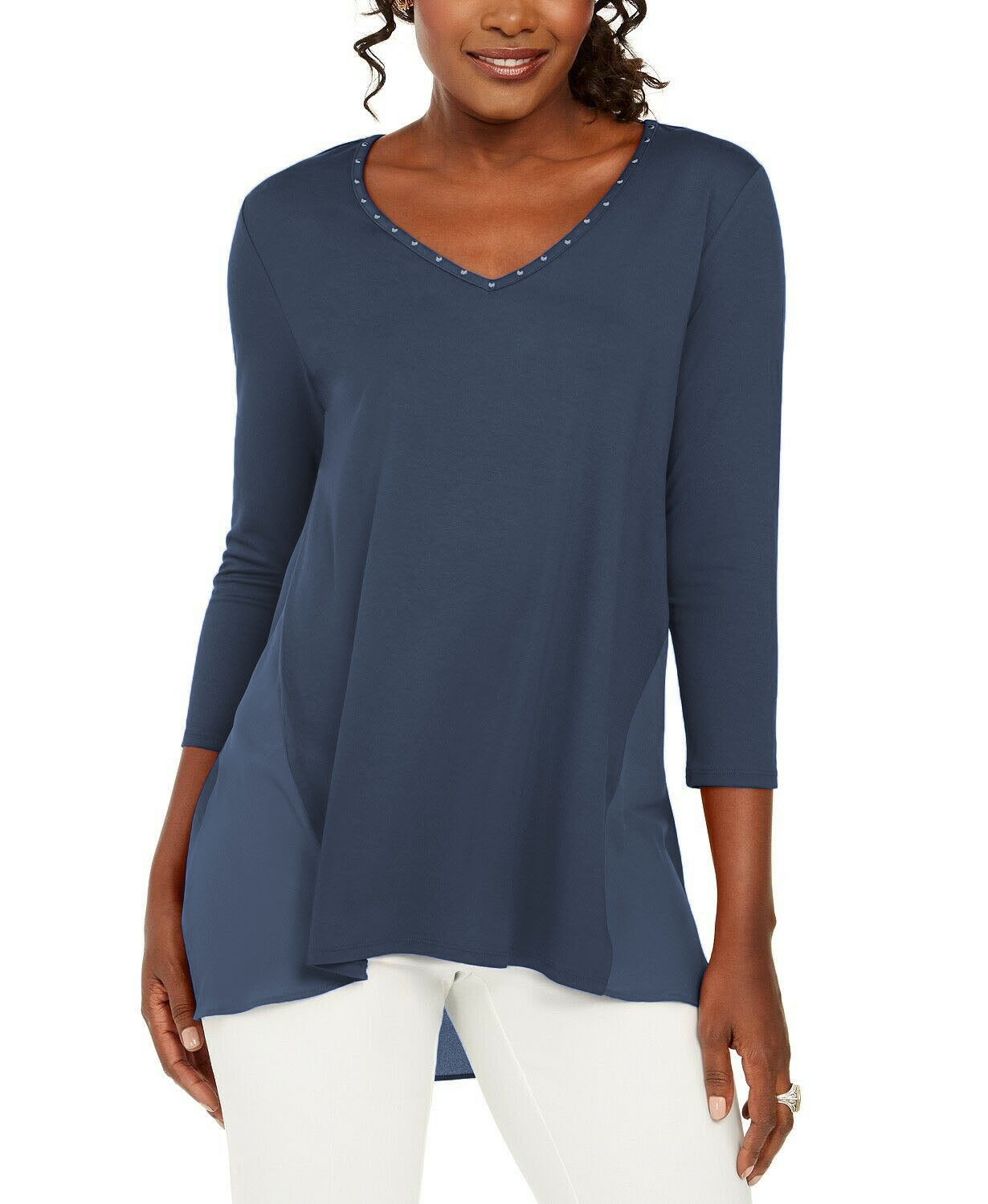 JM Collection Women's Mixed-Media Studs Top Blue Size Small