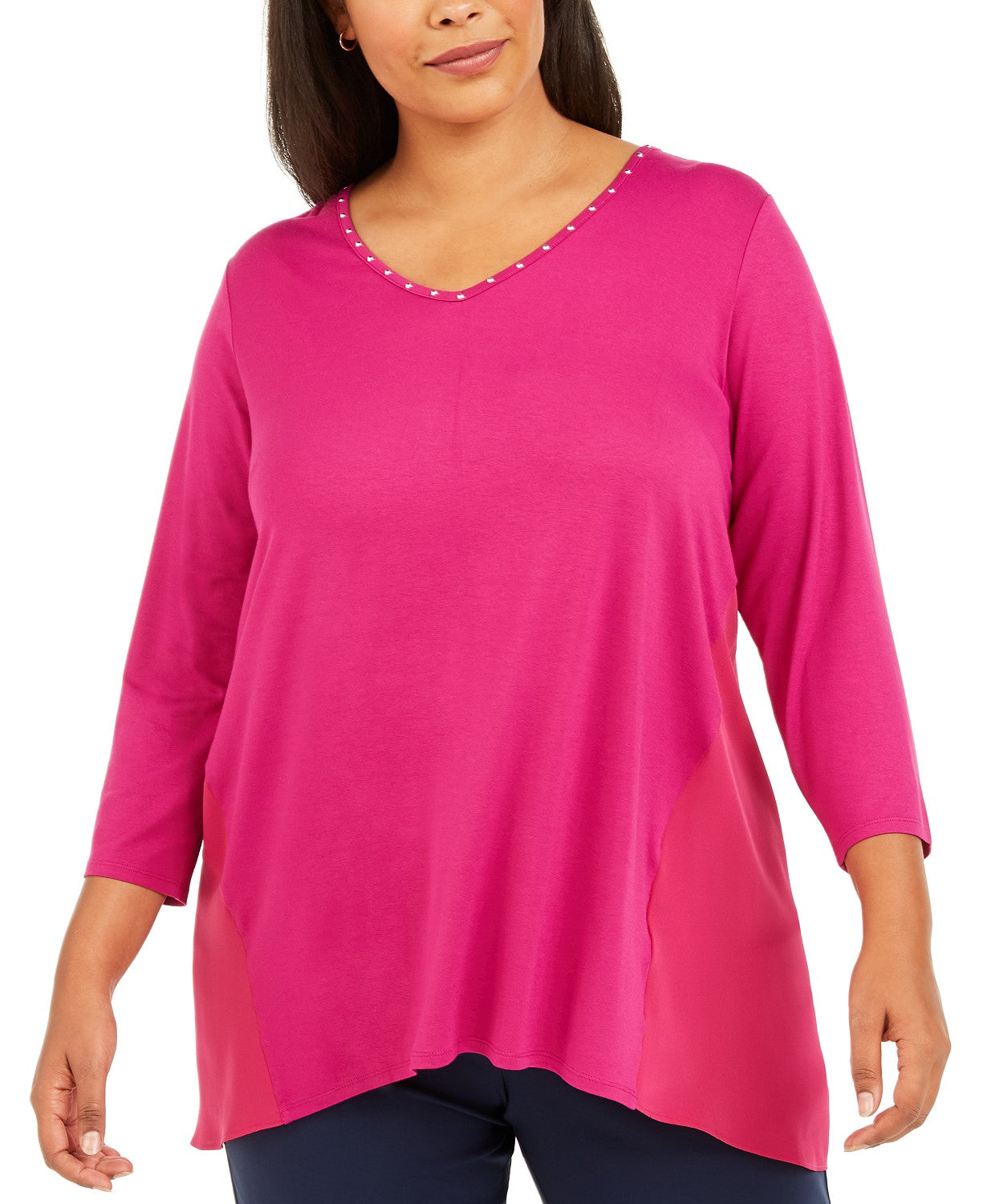JM Collection  Women's Plus Size Studded Mixed-Media Top Pink Size 2X