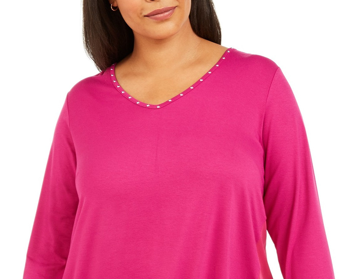 JM Collection  Women's Plus Size Studded Mixed-Media Top Pink Size 2X