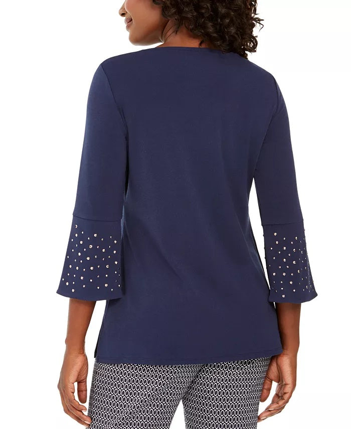 JM Collection Women's Rhinestone-Sleeve Keyhole Top Blue Size Small