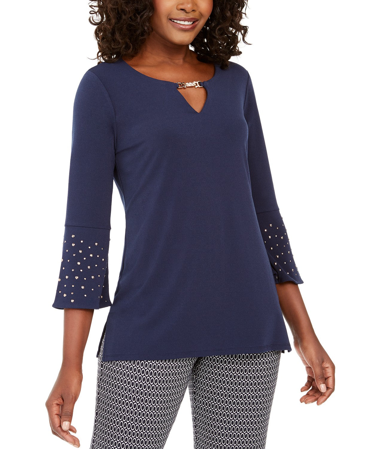 JM Collection Women's Rhinestone-Sleeve Keyhole Top Dark Blue Size Large