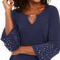 JM Collection Women's Rhinestone-Sleeve Keyhole Top Dark Blue Size Large