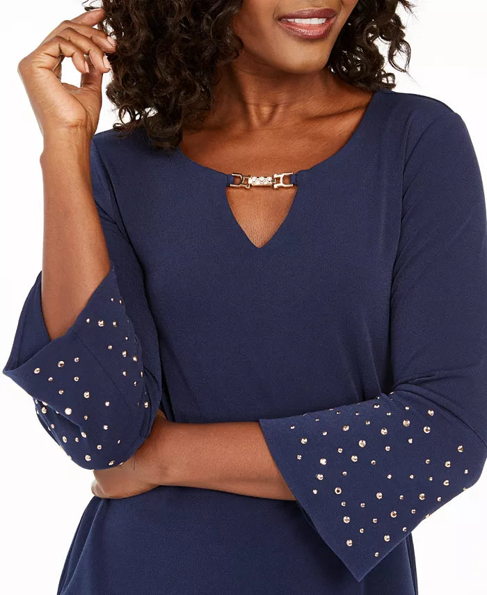JM Collection Women's Rhinestone-Sleeve Keyhole Top Dark Blue Size Large